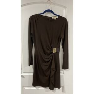 Michael Kors Brown Faux Wrap Dress M Long Sleeve Gold Buckle NWT Career Party